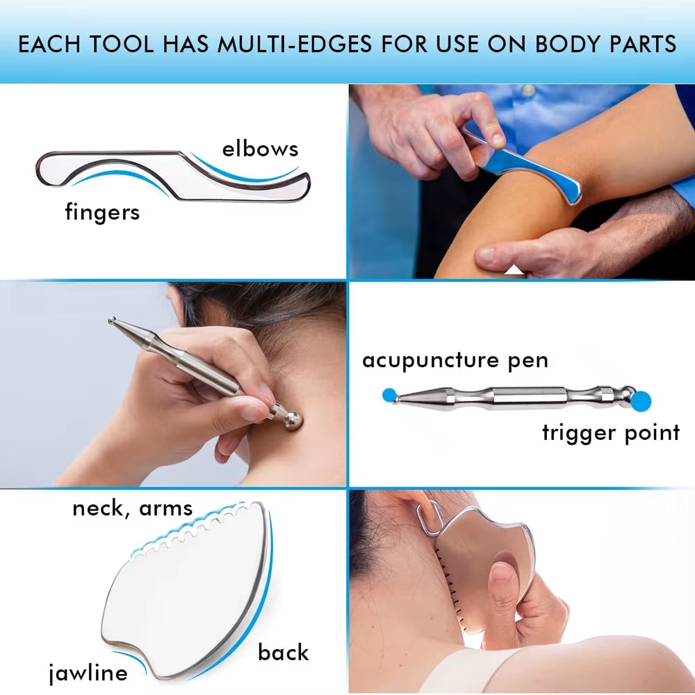 7PCS IASTM Stainless Steel Gua Sha Scraping Tools Muscle Physical Therapy Neck Face Body Massage Equipment