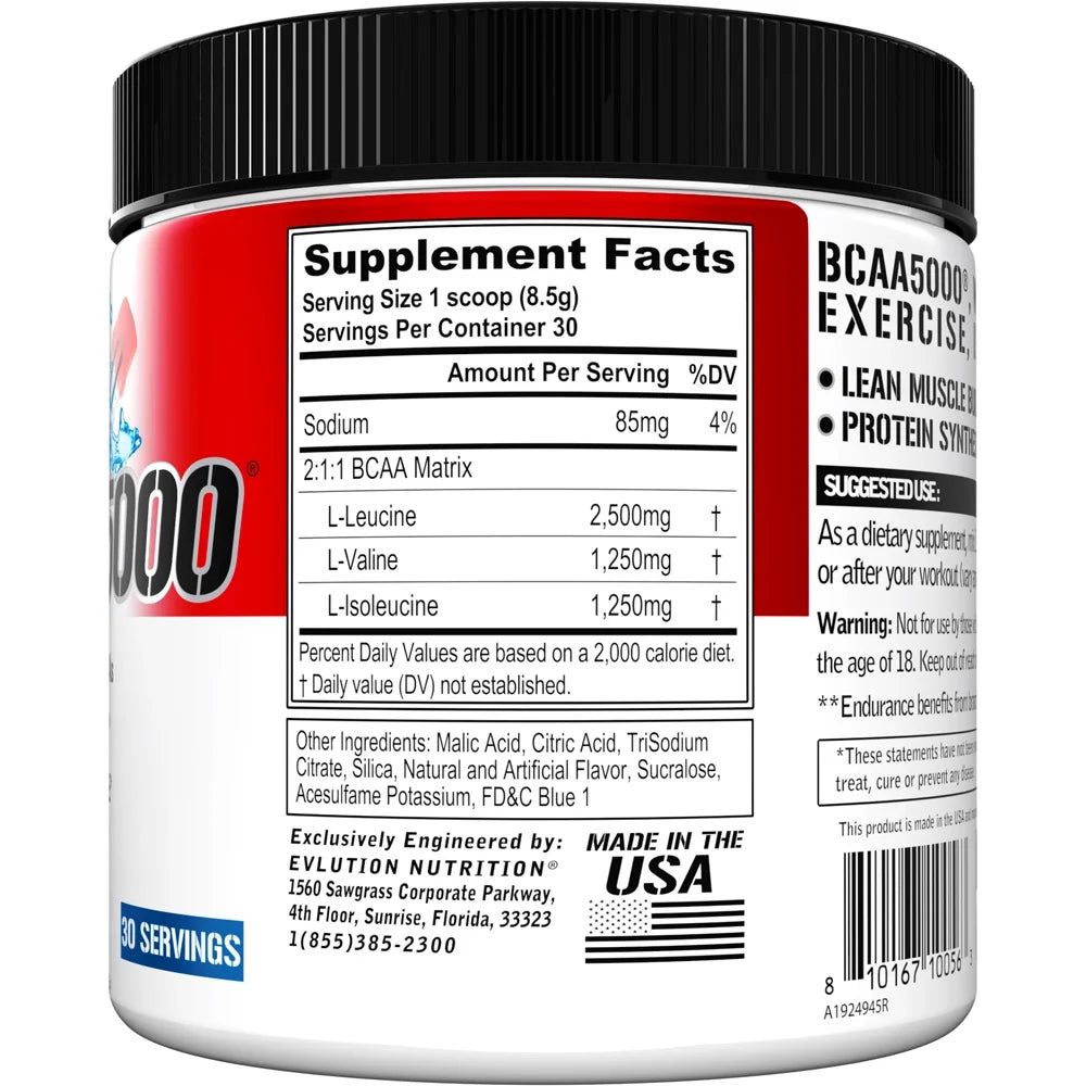 BCAA5000 Powder 5 Grams of Branched Chain Amino Acids (Bcaas) Essential for Performance, Recovery, Endurance, Muscle Building, Keto Friendly, No Sugar (30 Servings, Rocket Pop)