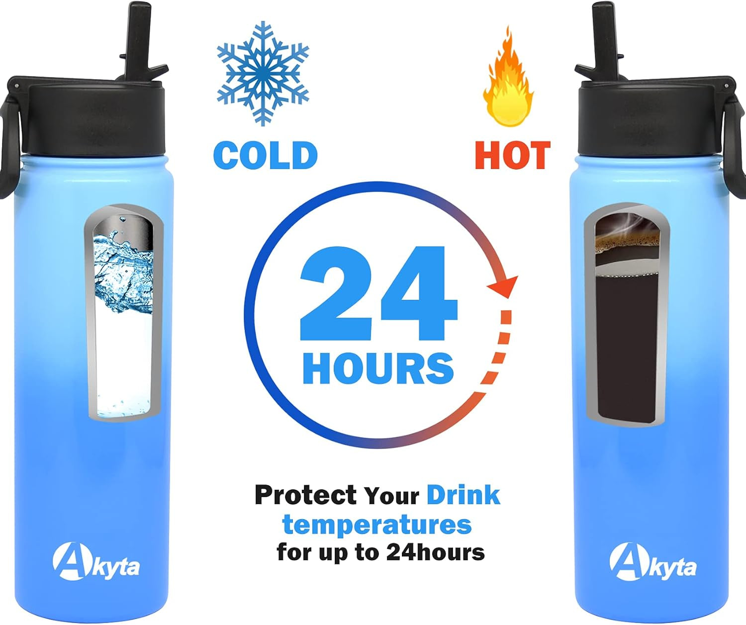 Water Bottle 24 OZ with Straw, Double Walled Stainless Steel Vacuum Insulated Water Bottles, Leak Proof Keep Hot/Cold, Sports Metal Water Bottle (Blue, 24 OZ)