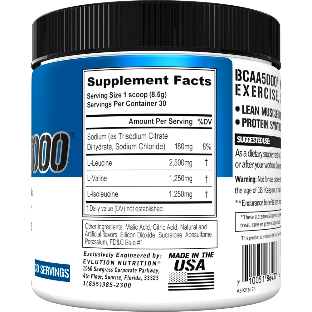 BCAA5000 Powder 5 Grams of Branched Chain Amino Acids (Bcaas) Essential for Performance, Recovery, Endurance, Muscle Building, Keto Friendly, No Sugar (30 Servings, Blue Raz)