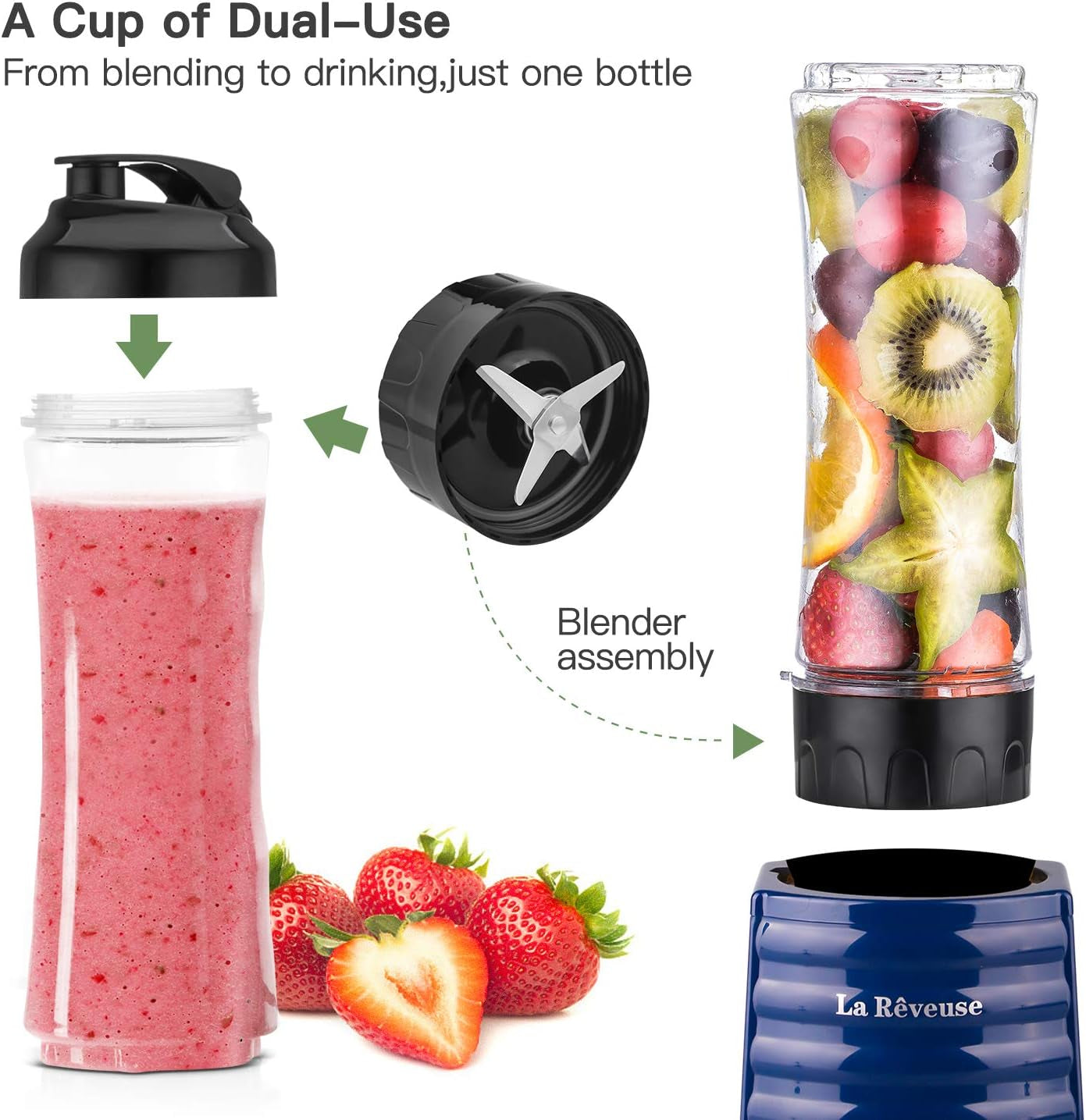 Smoothies Blender Personal Size 300 Watts with 18 Oz Bpa-Free Portable Travel Sports Bottle,Navy
