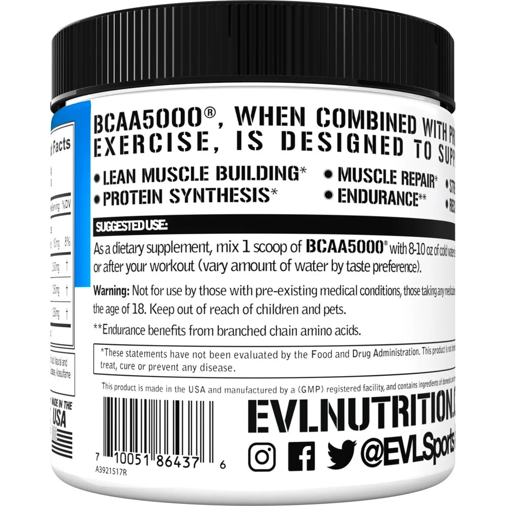 BCAA5000 Powder 5 Grams of Branched Chain Amino Acids (Bcaas) Essential for Performance, Recovery, Endurance, Muscle Building, Keto Friendly, No Sugar (30 Servings, Blue Raz)